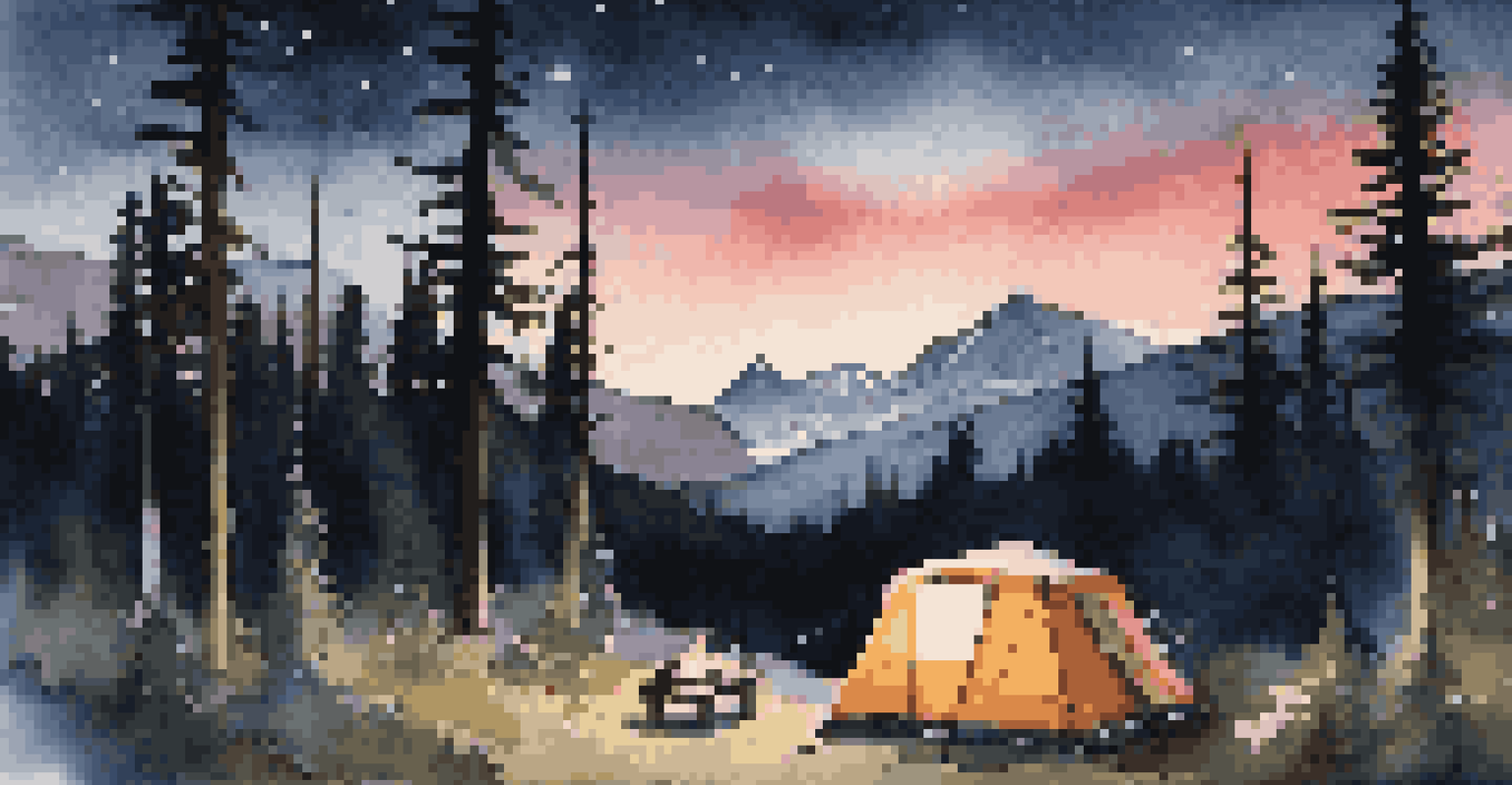 A picturesque campsite with a van surrounded by trees and a starry sky, featuring a small campfire in the foreground.