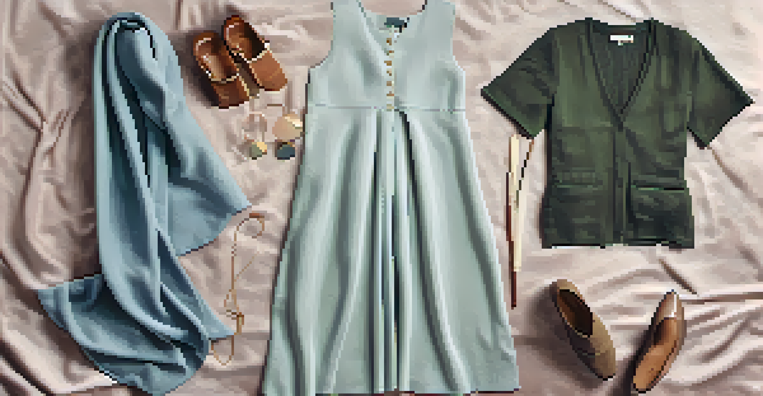 Close-up of versatile clothing items including a dress, pants, and a scarf, arranged on a textured blanket with soft lighting.