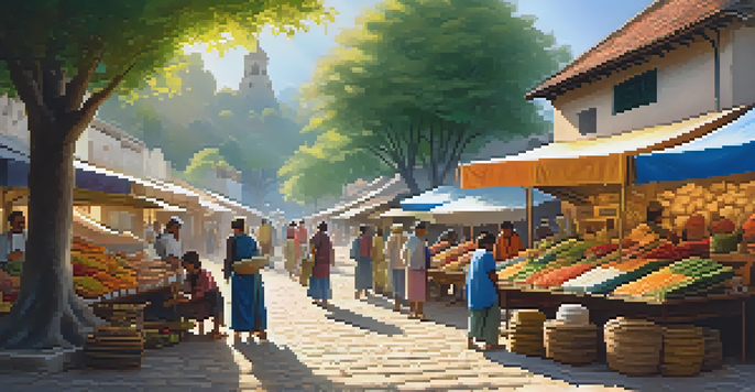 A lively market scene with travelers interacting with local artisans, colorful stalls, and sunlight filtering through trees.