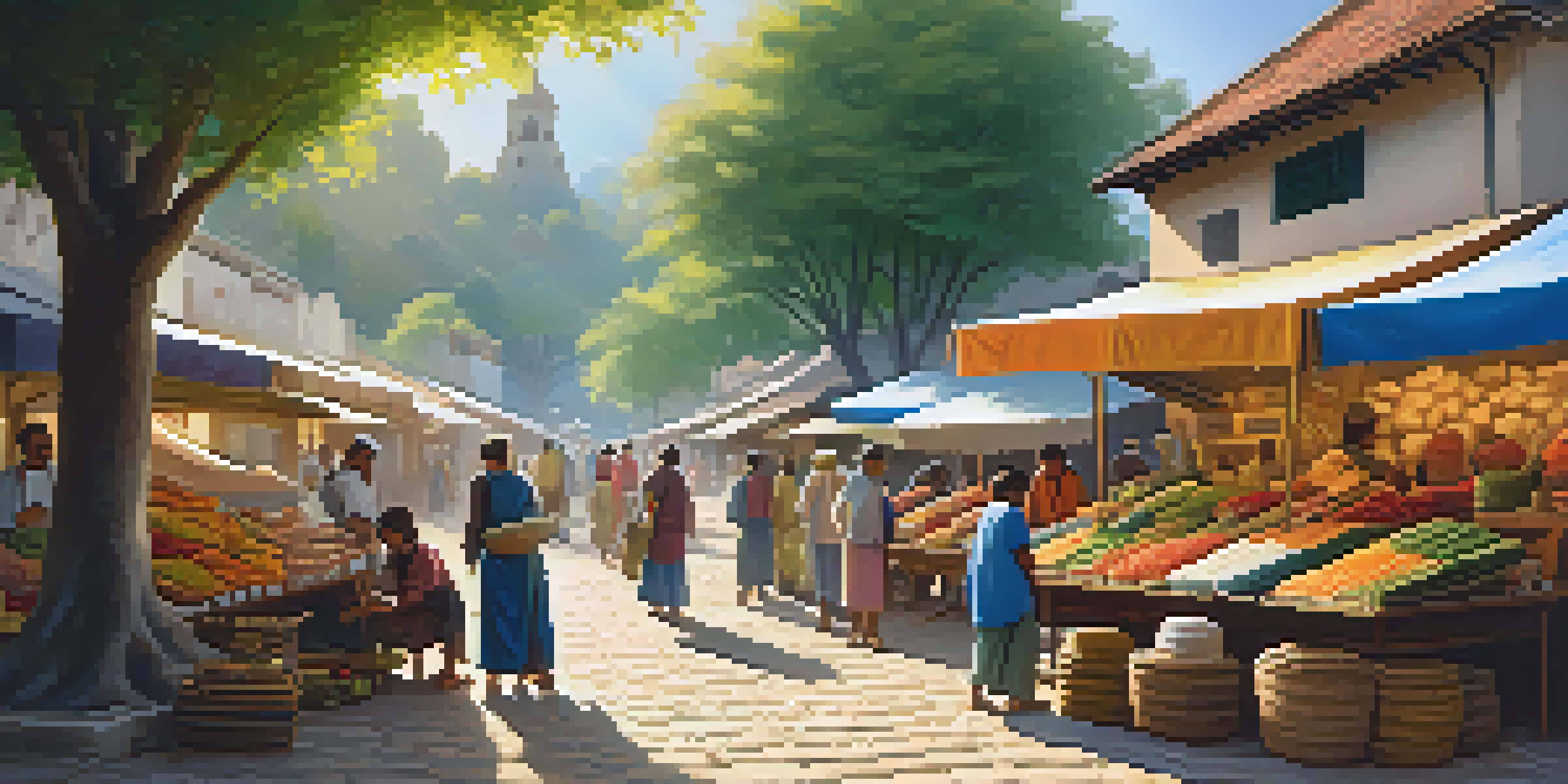 A lively market scene with travelers interacting with local artisans, colorful stalls, and sunlight filtering through trees.