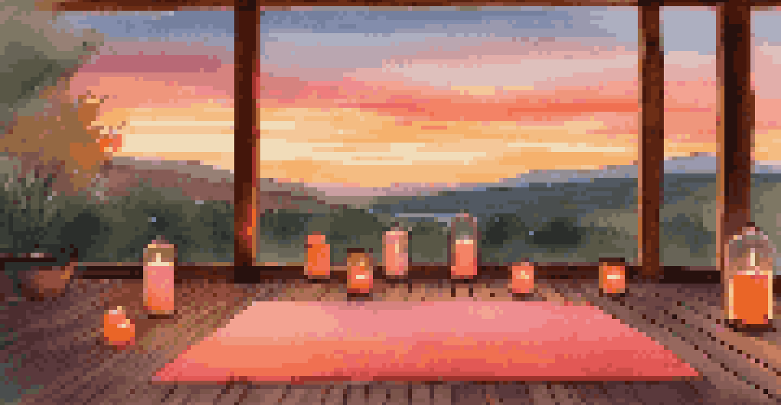 An outdoor yoga setup at sunset, with mats on a deck overlooking a beautiful landscape and candles in the foreground.