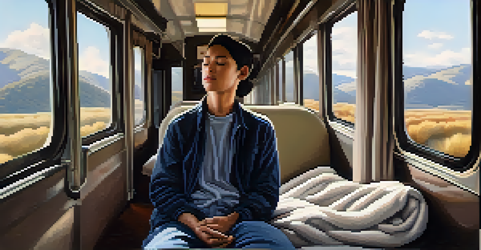 A traveler meditating on a train, surrounded by blankets, with a blurred landscape visible through the windows.