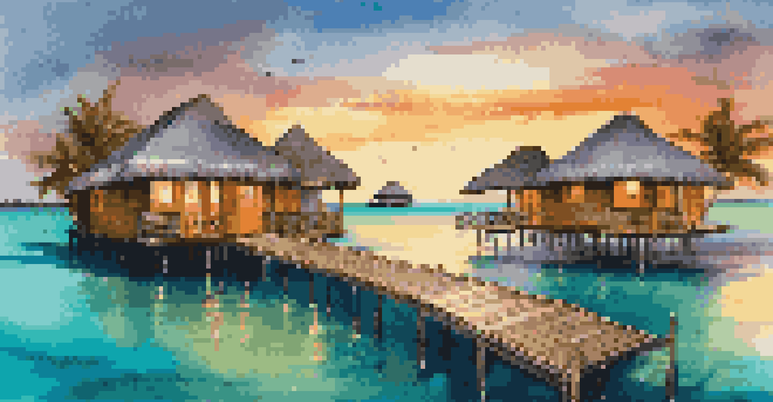 Luxurious overwater bungalows in the Maldives at sunset, surrounded by clear turquoise waters and coral reefs.