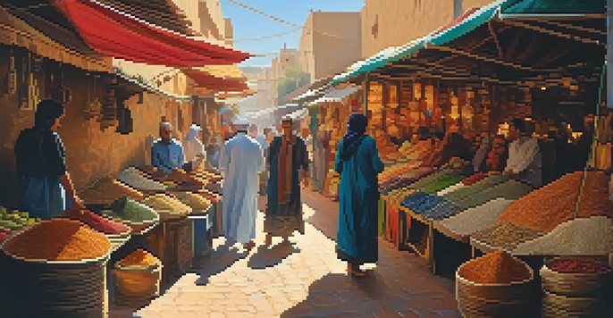 A bustling Moroccan market filled with colorful stalls, spices, and diverse people interacting under vibrant canopies.