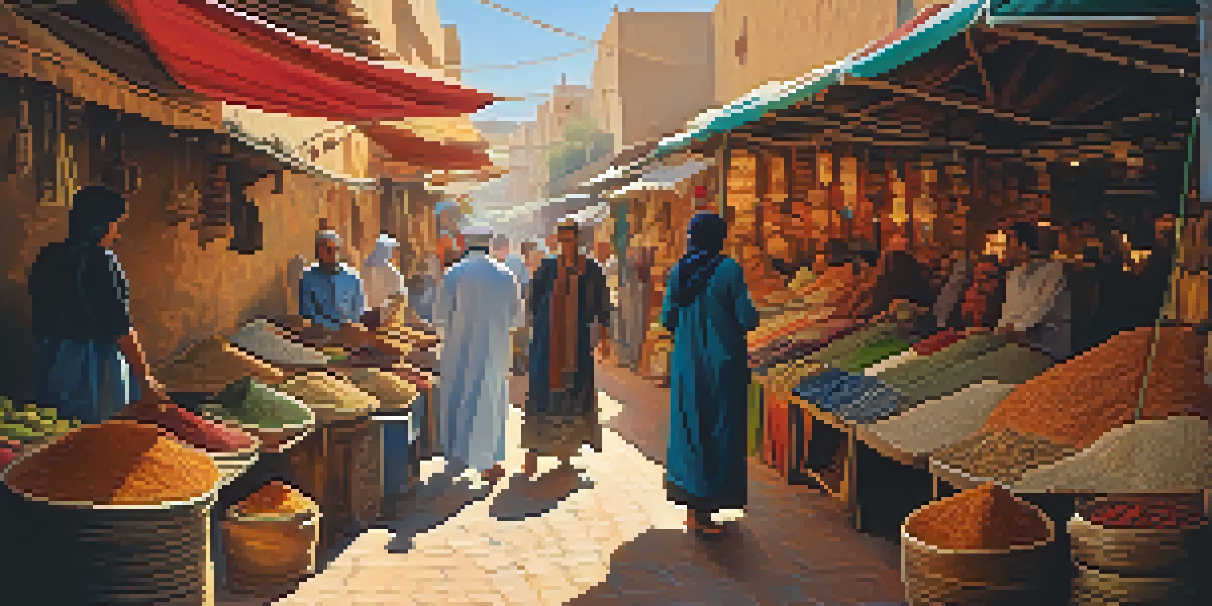 A bustling Moroccan market filled with colorful stalls, spices, and diverse people interacting under vibrant canopies.