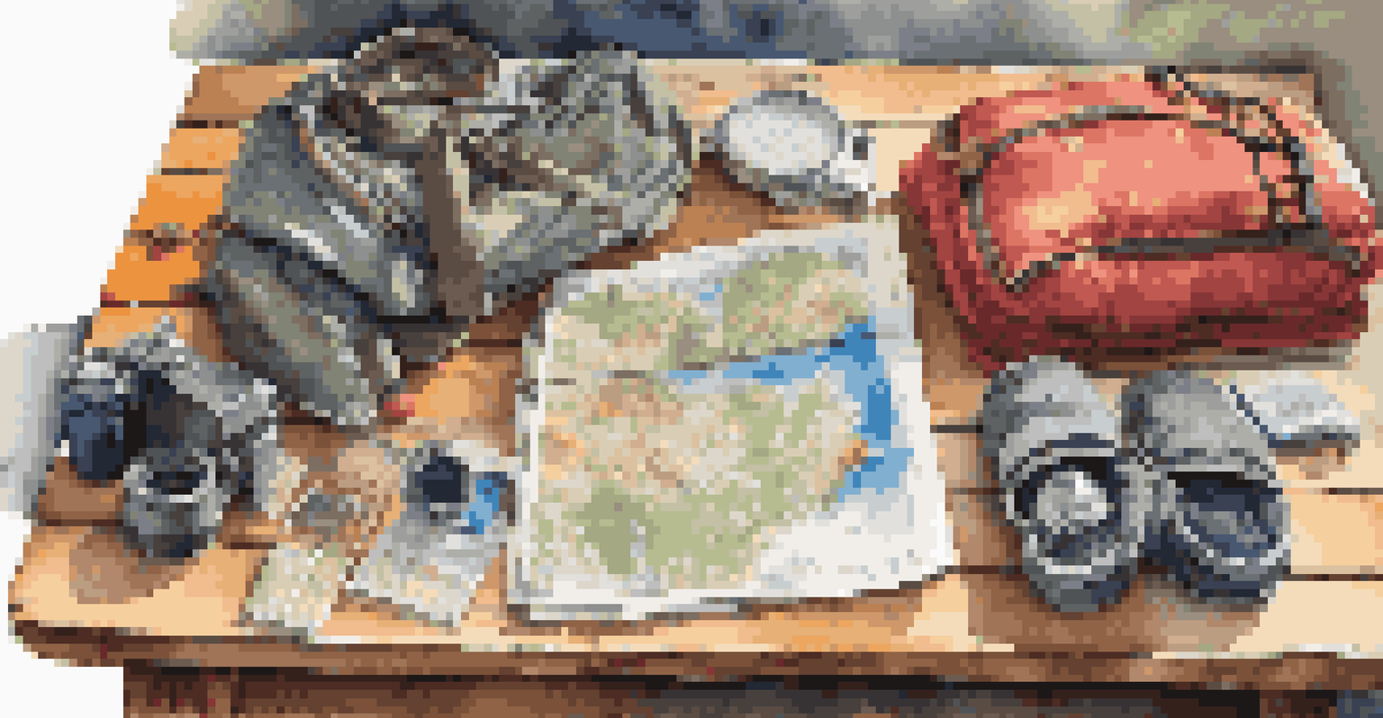 A well-organized backpacking setup with gear laid out on a table, illuminated by natural sunlight.