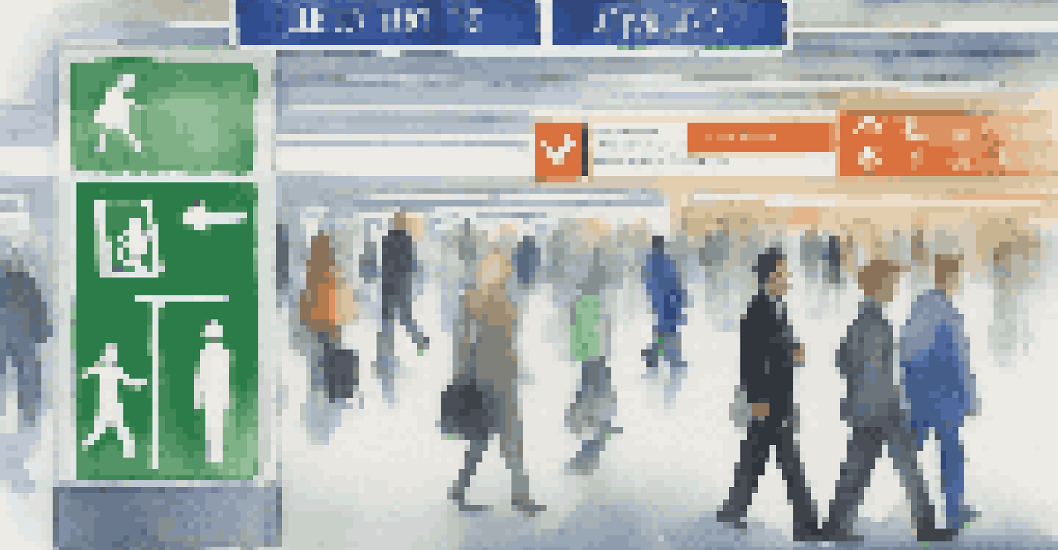 A close-up of an airport wayfinding sign with clear symbols and arrows, surrounded by blurred travelers.