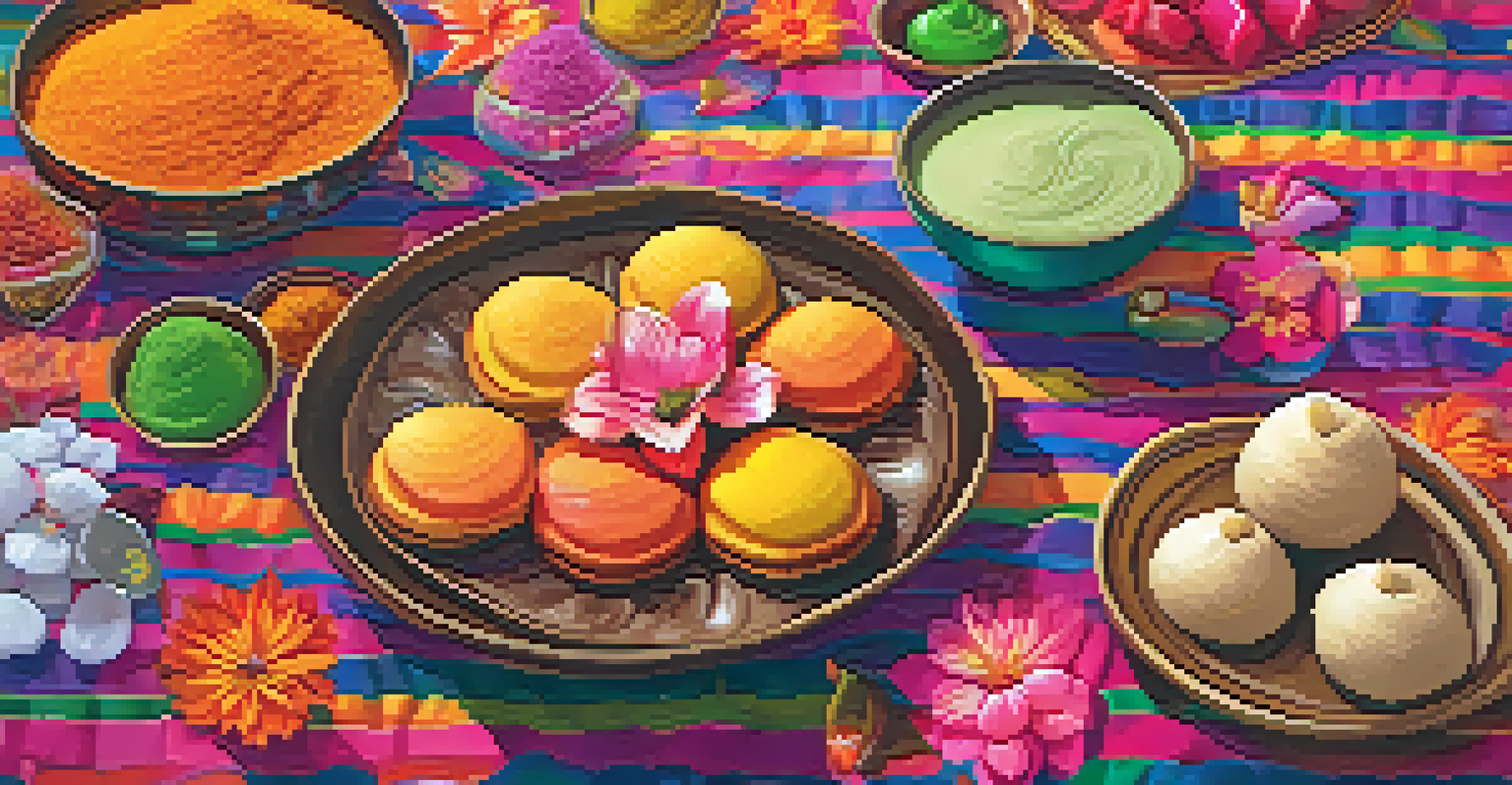 A colorful display of traditional Holi sweets including gujiya and thandai, set on a vibrant tablecloth with flowers.