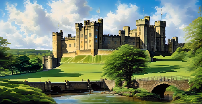 A scenic view of Alnwick Castle with lush gardens and clear blue skies, depicting a magical atmosphere.