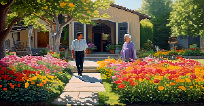 A photographer approaches a smiling elderly woman in traditional attire, surrounded by colorful flowers in a sunlit outdoor setting.