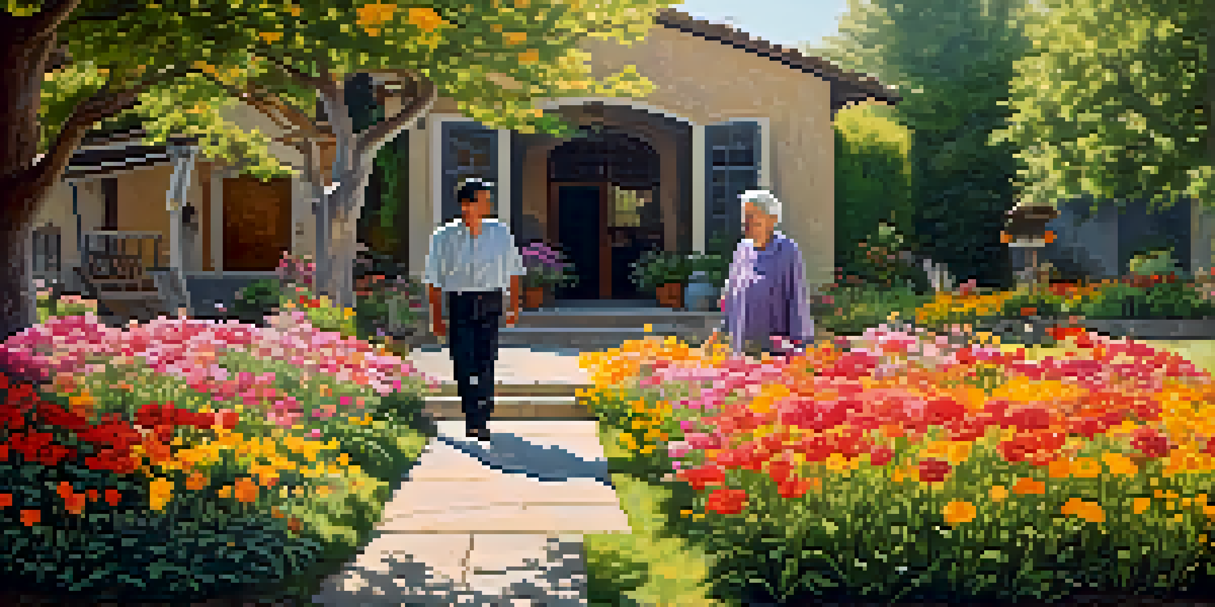 A photographer approaches a smiling elderly woman in traditional attire, surrounded by colorful flowers in a sunlit outdoor setting.