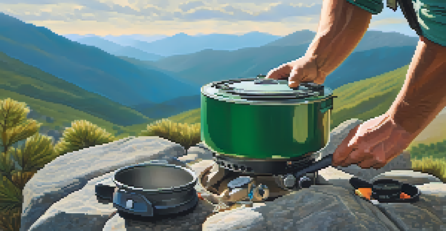A close-up of hands assembling a camping stove on rocks with mountains in the background.