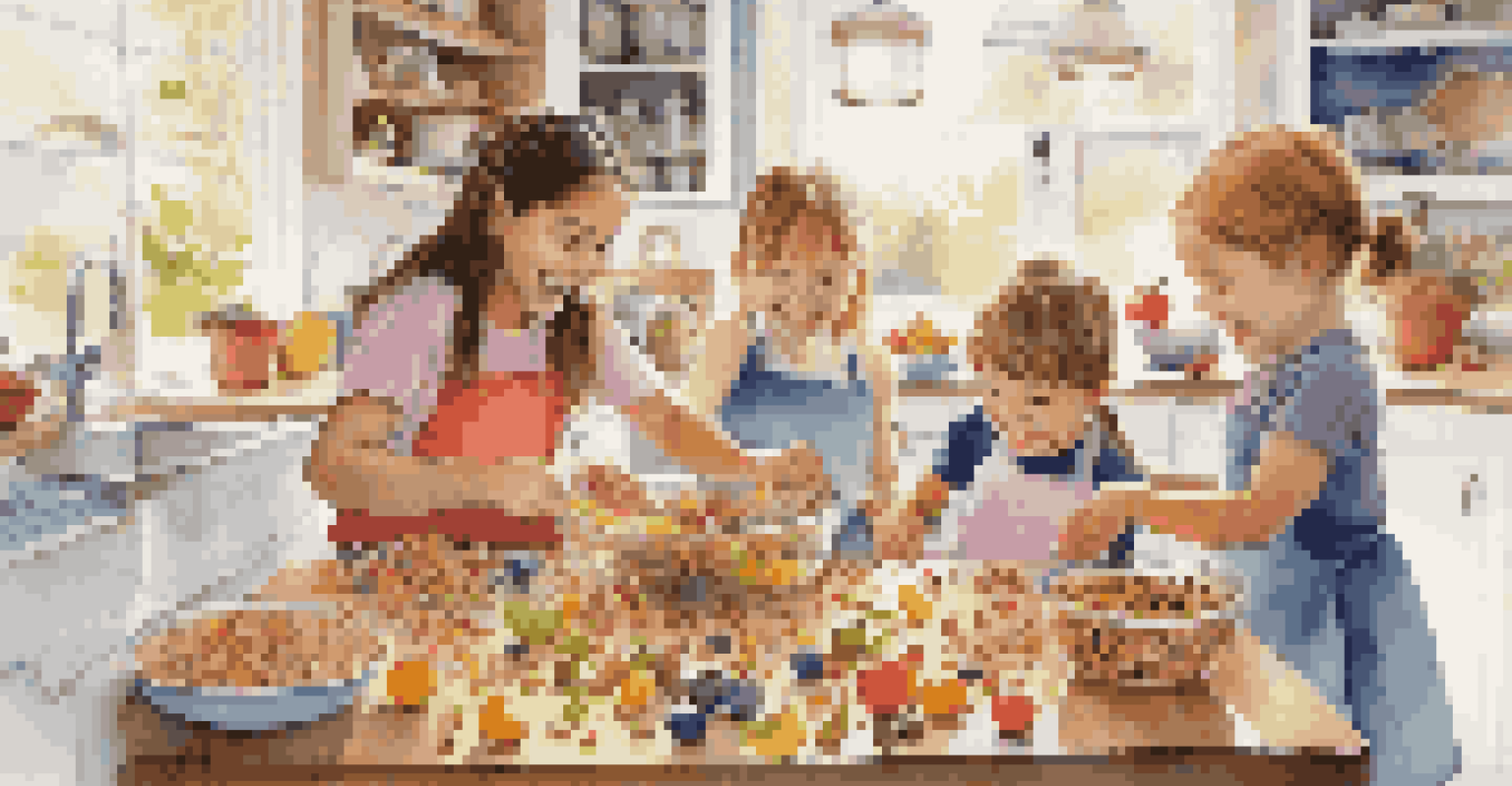 Children in a bright kitchen preparing healthy snacks, packing fruits into containers, and making trail mix, with cheerful expressions and natural light.