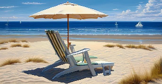 A peaceful beach scene with a beach chair and umbrella on soft sands, gentle waves, and a sailboat in the distance under a clear blue sky.