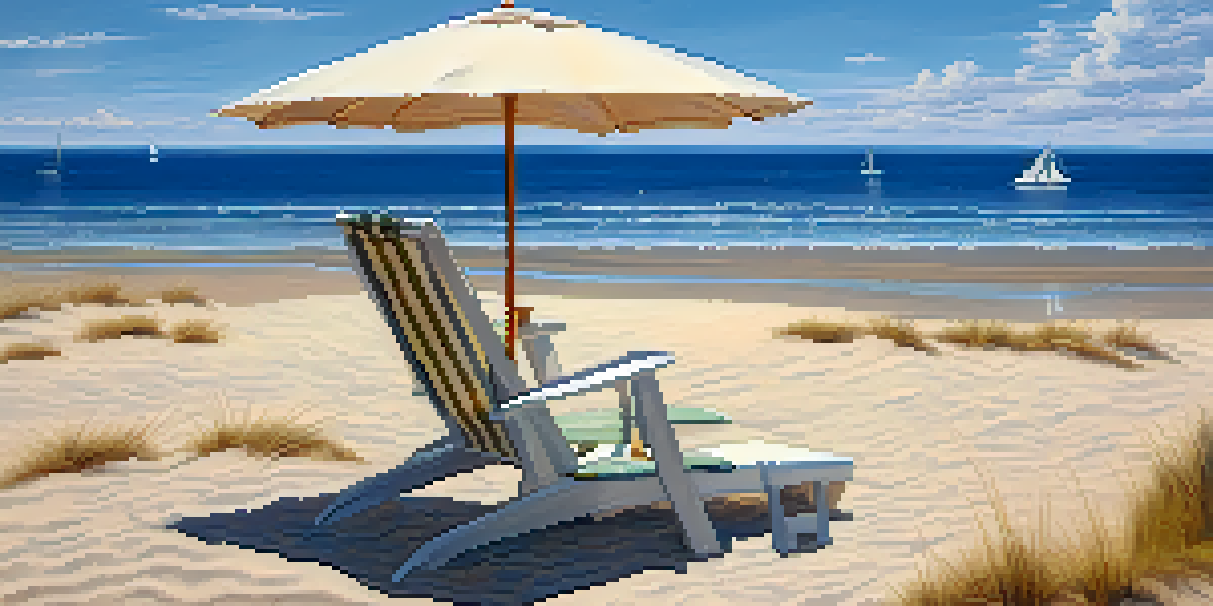 A peaceful beach scene with a beach chair and umbrella on soft sands, gentle waves, and a sailboat in the distance under a clear blue sky.
