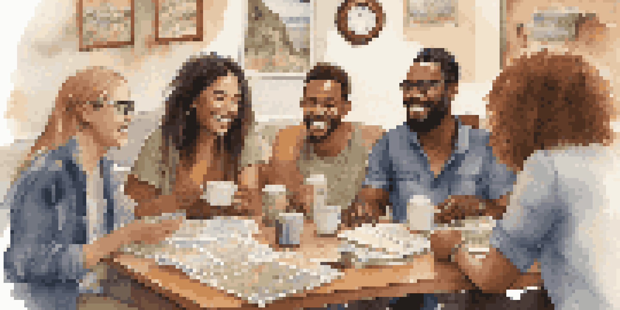 A group of friends engaged in a lively discussion about travel plans in a coffee shop, with maps and brochures on the table.