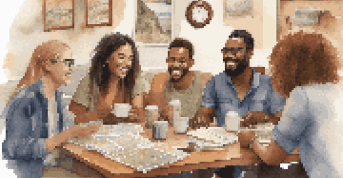 A group of friends engaged in a lively discussion about travel plans in a coffee shop, with maps and brochures on the table.