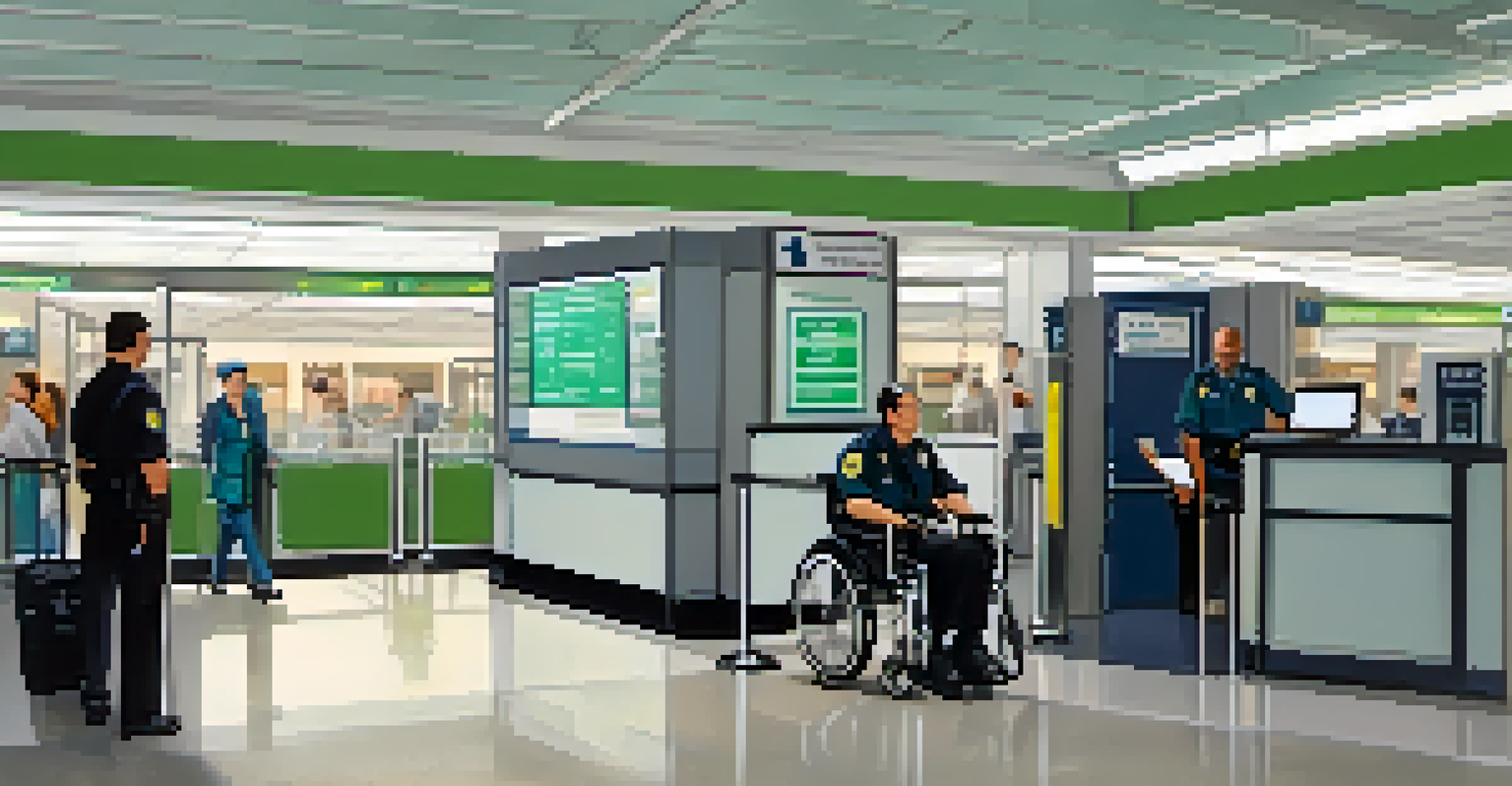 An accessible airport security checkpoint where a traveler in a wheelchair is being helped by a security staff member. The environment is calm and well-lit with clear signage.