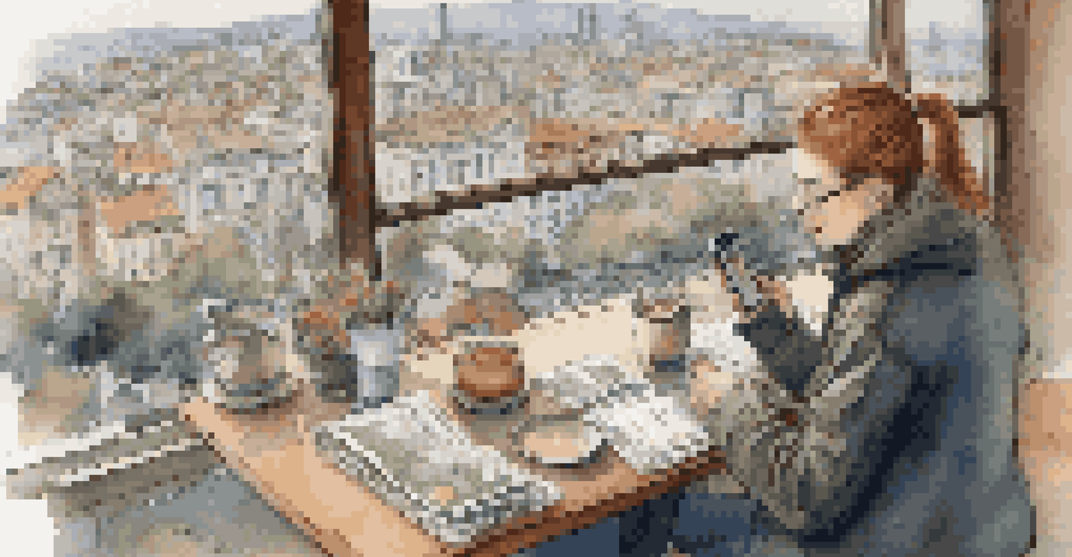 A traveler at a cafe checking currency exchange rates on a smartphone with a city view in the background.