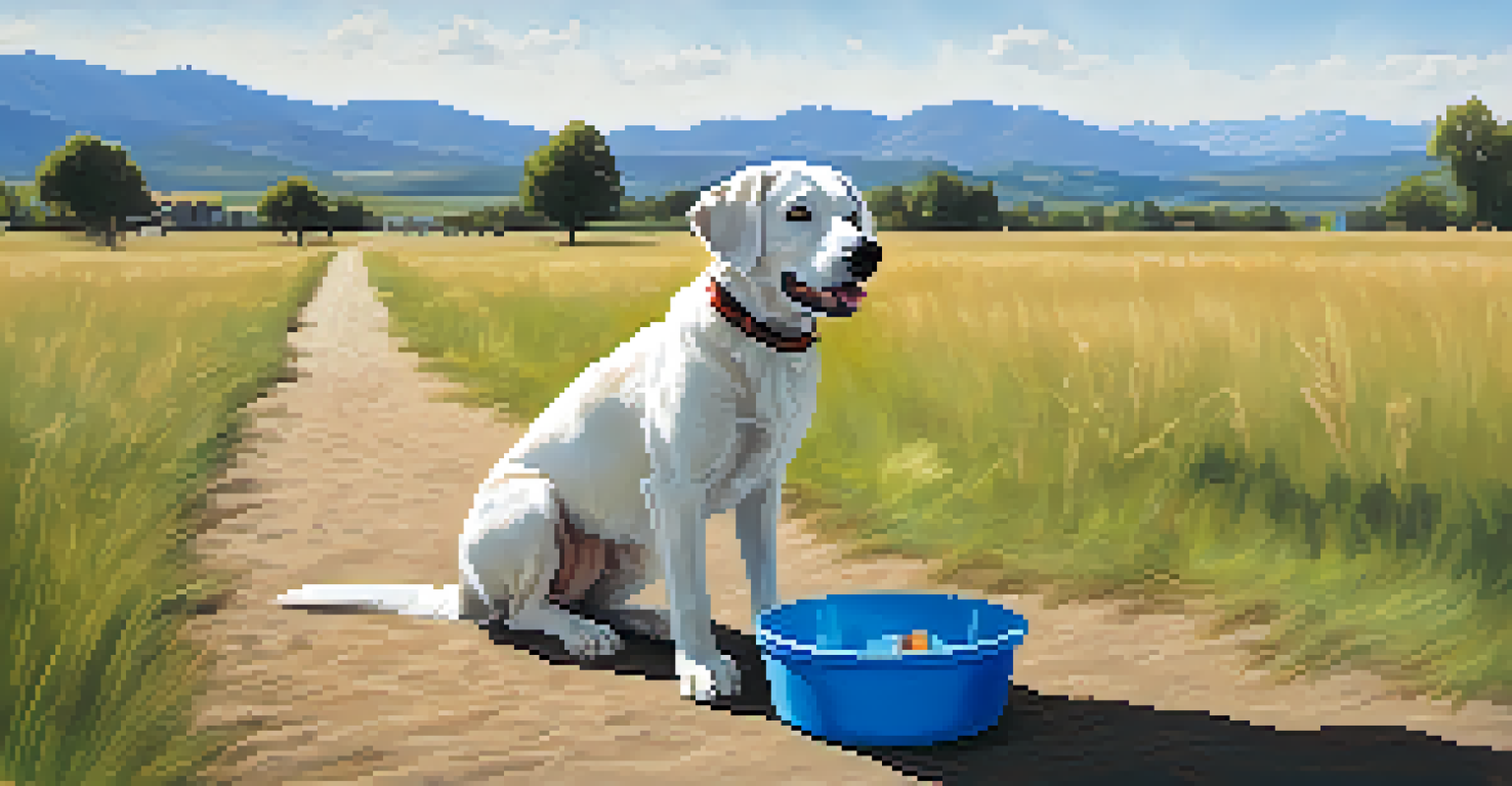 A dog running happily in a grassy field during a road trip break, with a blue sky and mountains in the background.