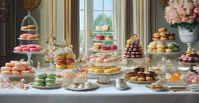 A dessert table displaying various European pastries and desserts, beautifully arranged with floral decorations.
