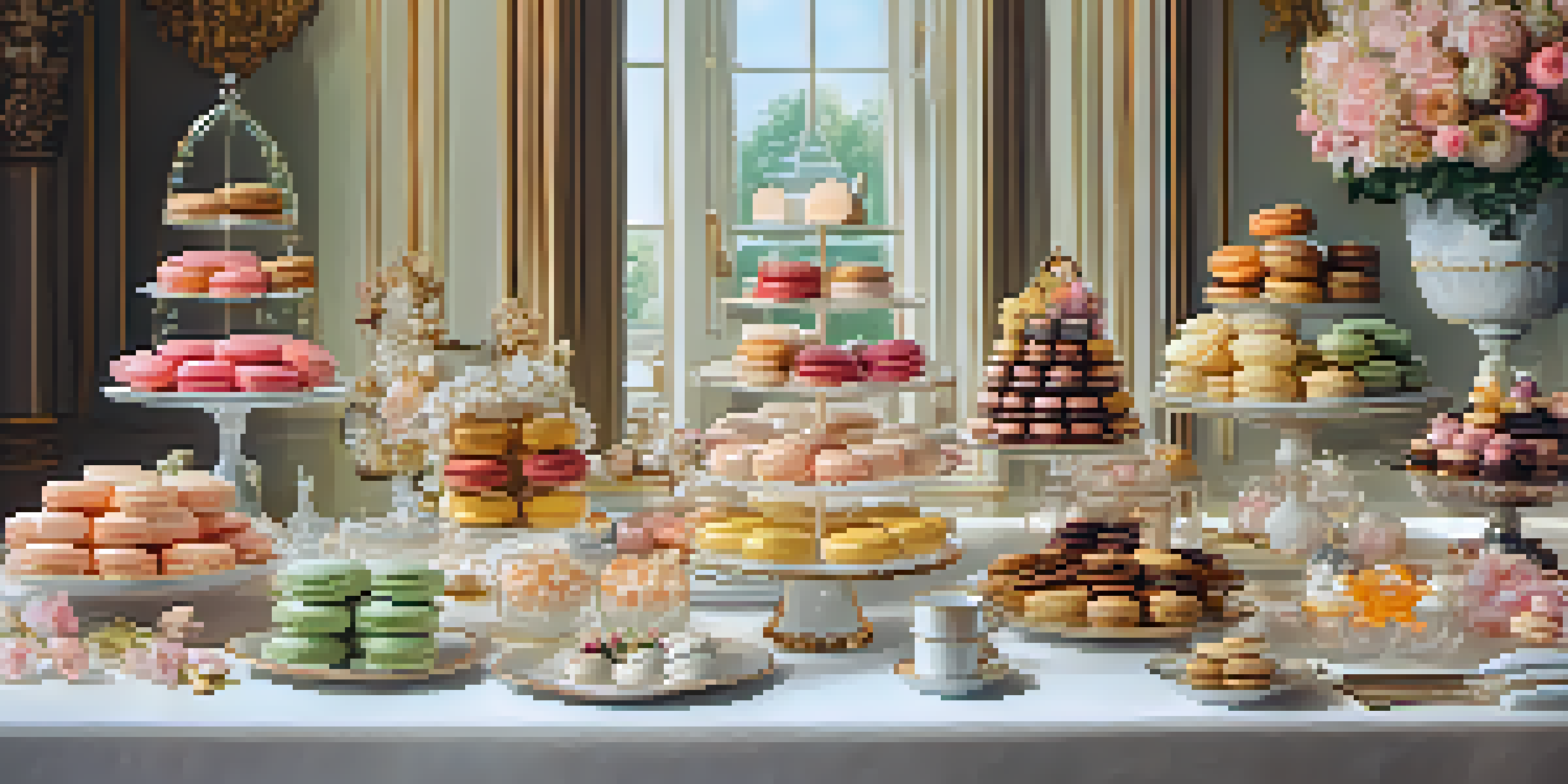 A dessert table displaying various European pastries and desserts, beautifully arranged with floral decorations.