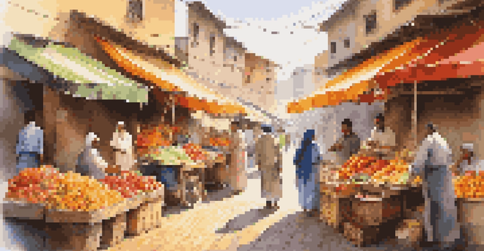 A lively street market filled with colorful fruits and vegetables, featuring a vendor in traditional attire and a traveler interacting with them under warm sunlight.