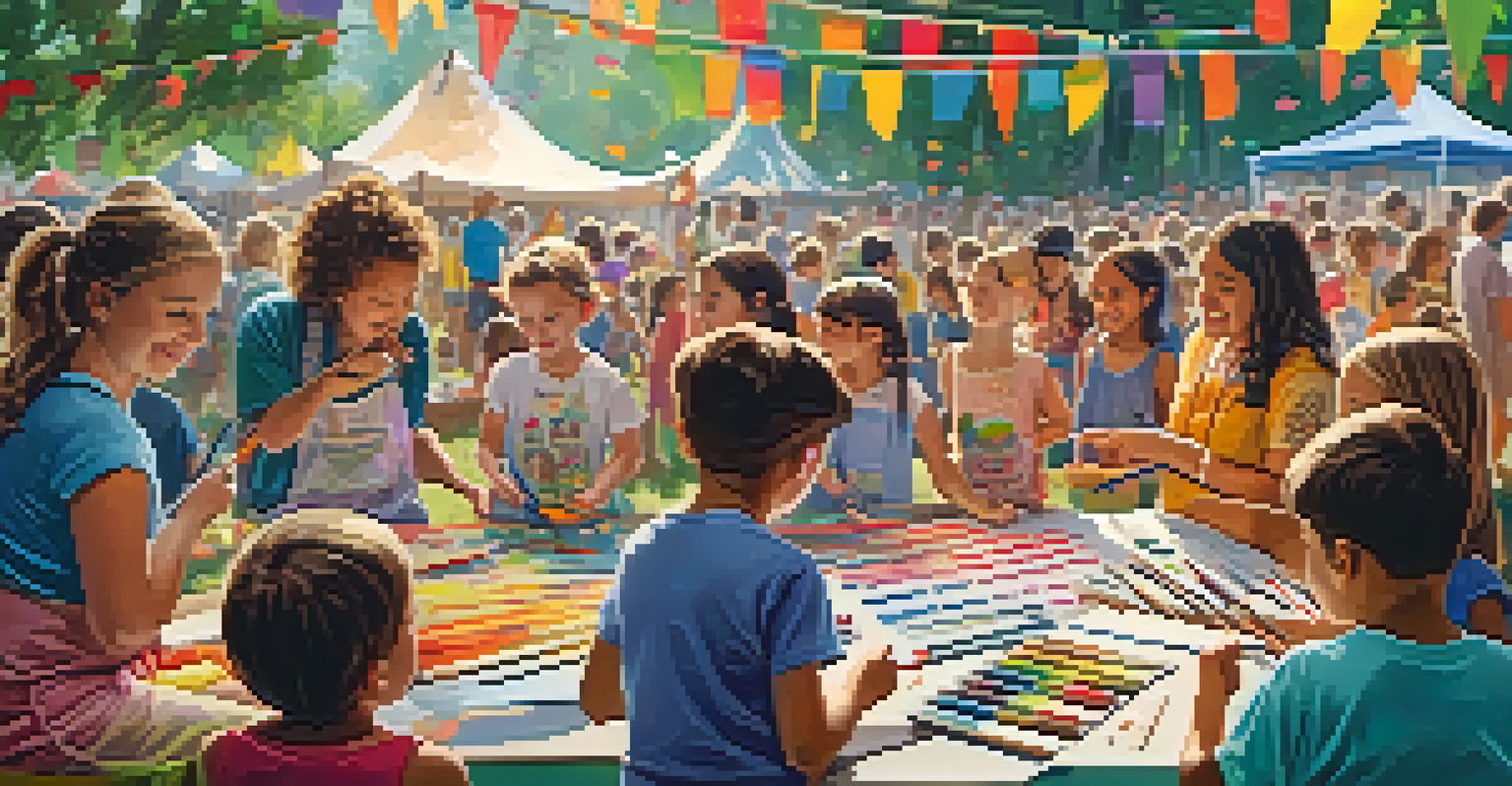 Children participating in a craft workshop at a music festival, with colorful materials and an instructor guiding them.