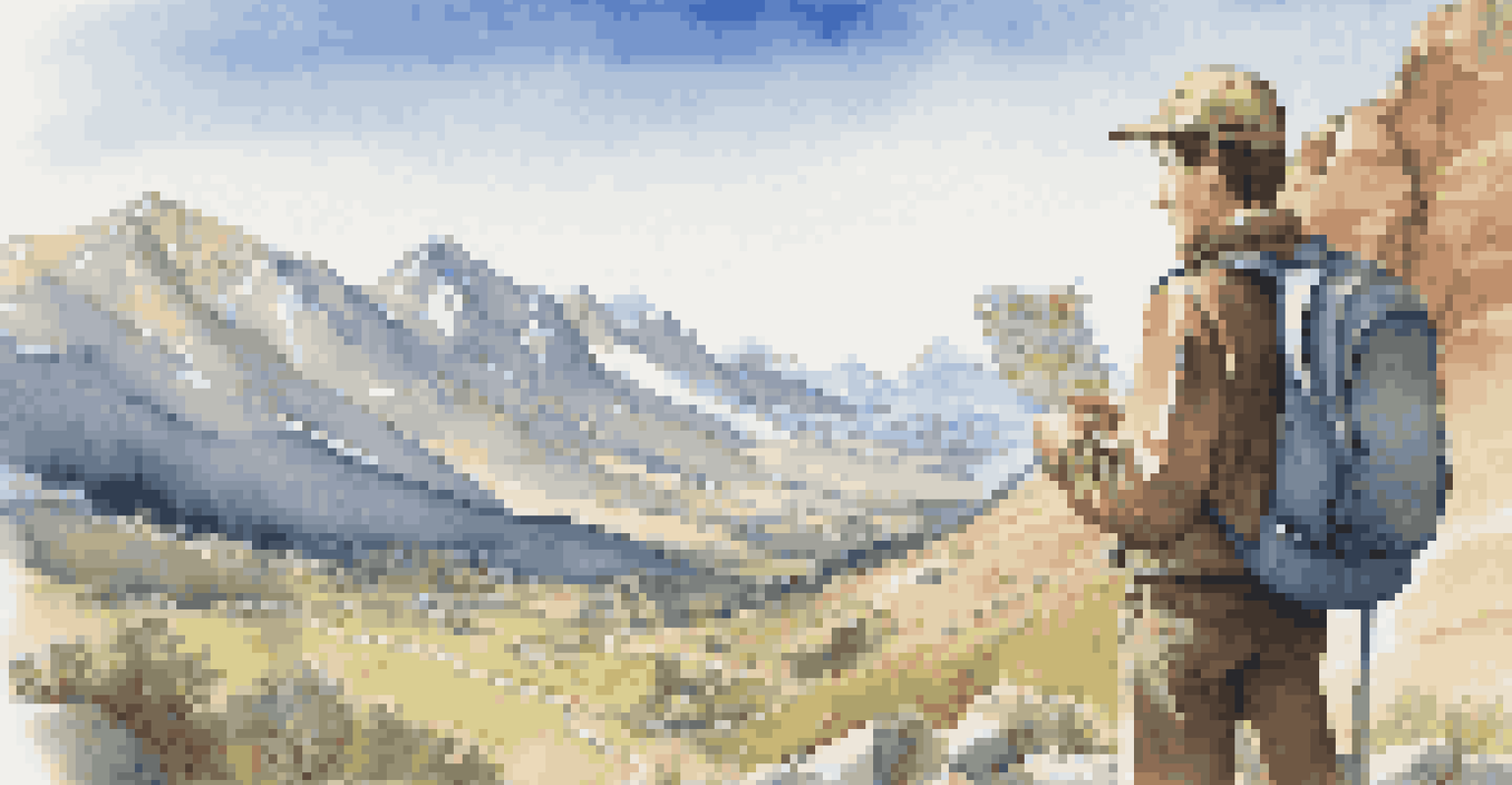 A hiker at a crossroads with a map and phone, surrounded by mountains and a clear blue sky.