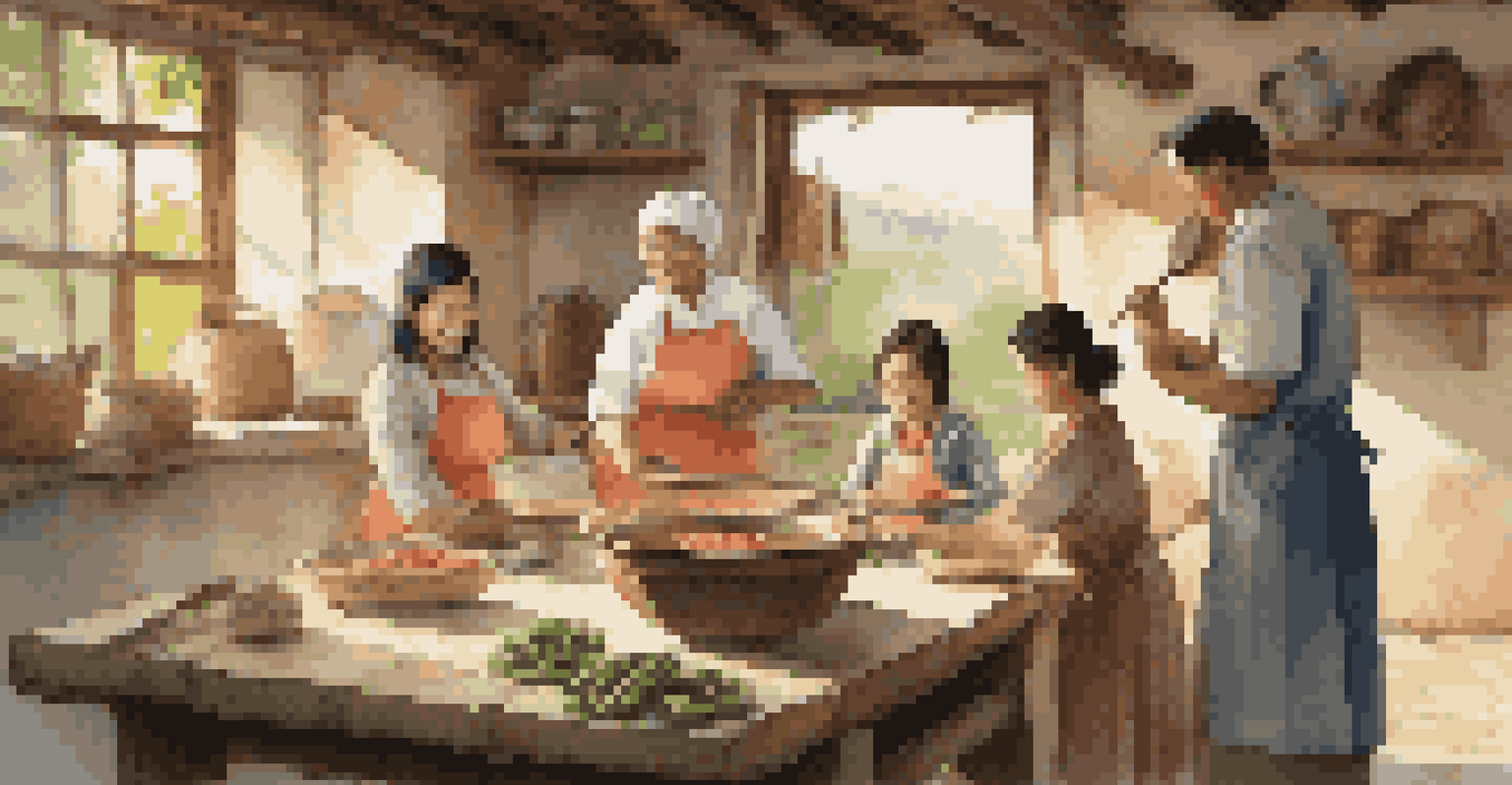 A rustic kitchen where a local family is teaching tourists how to cook traditional dishes, with fresh ingredients and warm lighting.