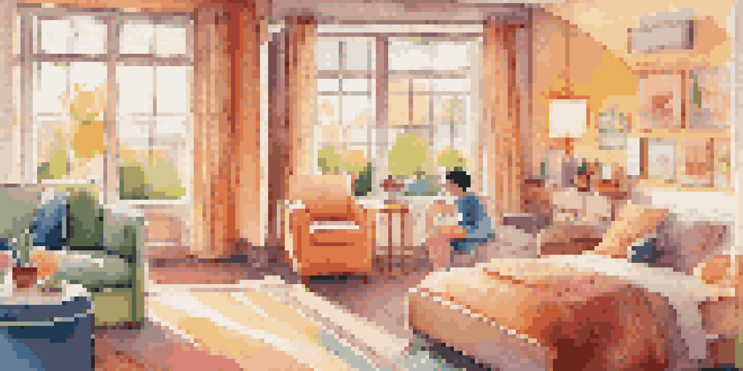 A spacious hotel room designed for families, with separate beds for kids and parents, bright colors, and a playground view outside.