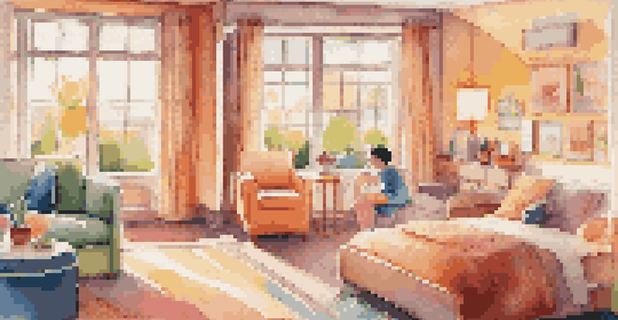 A spacious hotel room designed for families, with separate beds for kids and parents, bright colors, and a playground view outside.