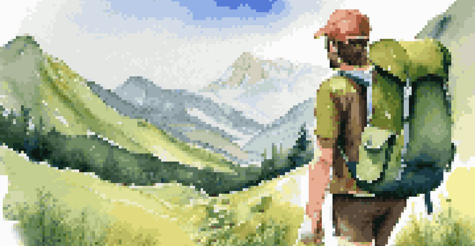 An adventurous traveler holds a vaccination card while hiking in a lush green landscape with mountains in the background.
