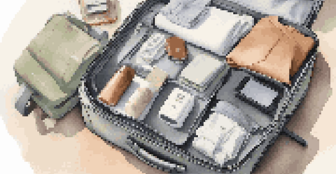 A carry-on suitcase packed with essential clothing, toiletries, and technology in a bright room.