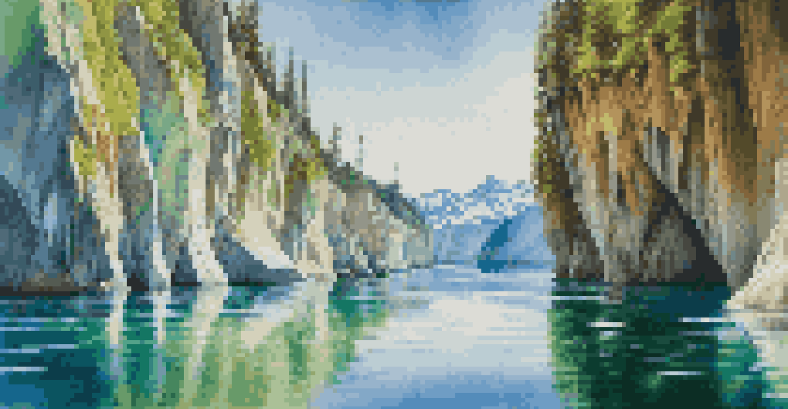 The vibrant blue and green Marble Caves on Lake General Carrera, with sunlight creating reflections in the water and a small boat for scale.