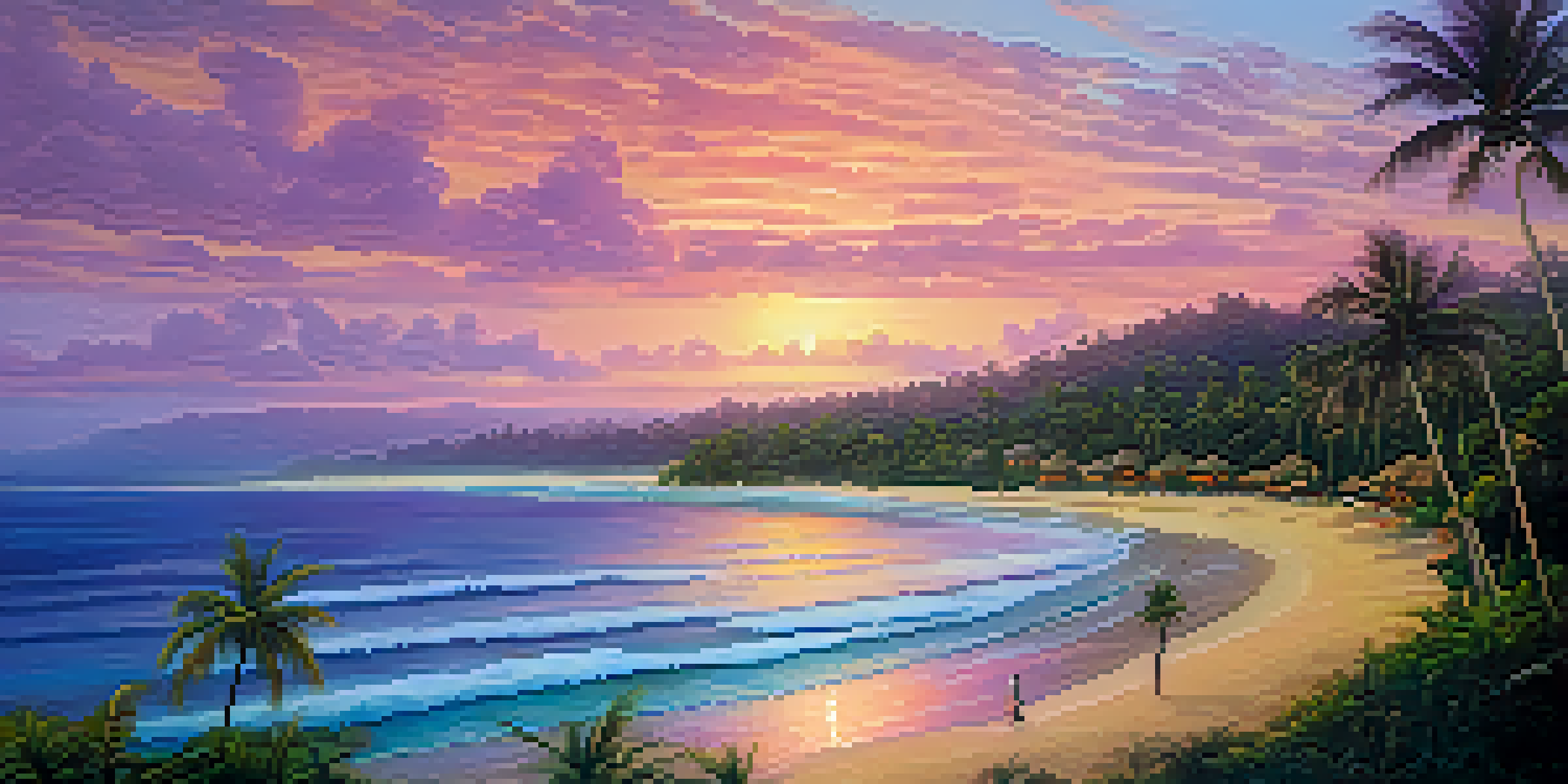 An aerial view of a beautiful beach in Bali at sunset, showcasing golden reflections on the water and lush palm trees surrounding the shore.