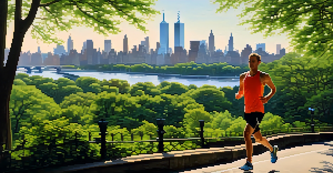 A runner in Central Park with green trees and city landmarks in the background under soft morning sunlight.