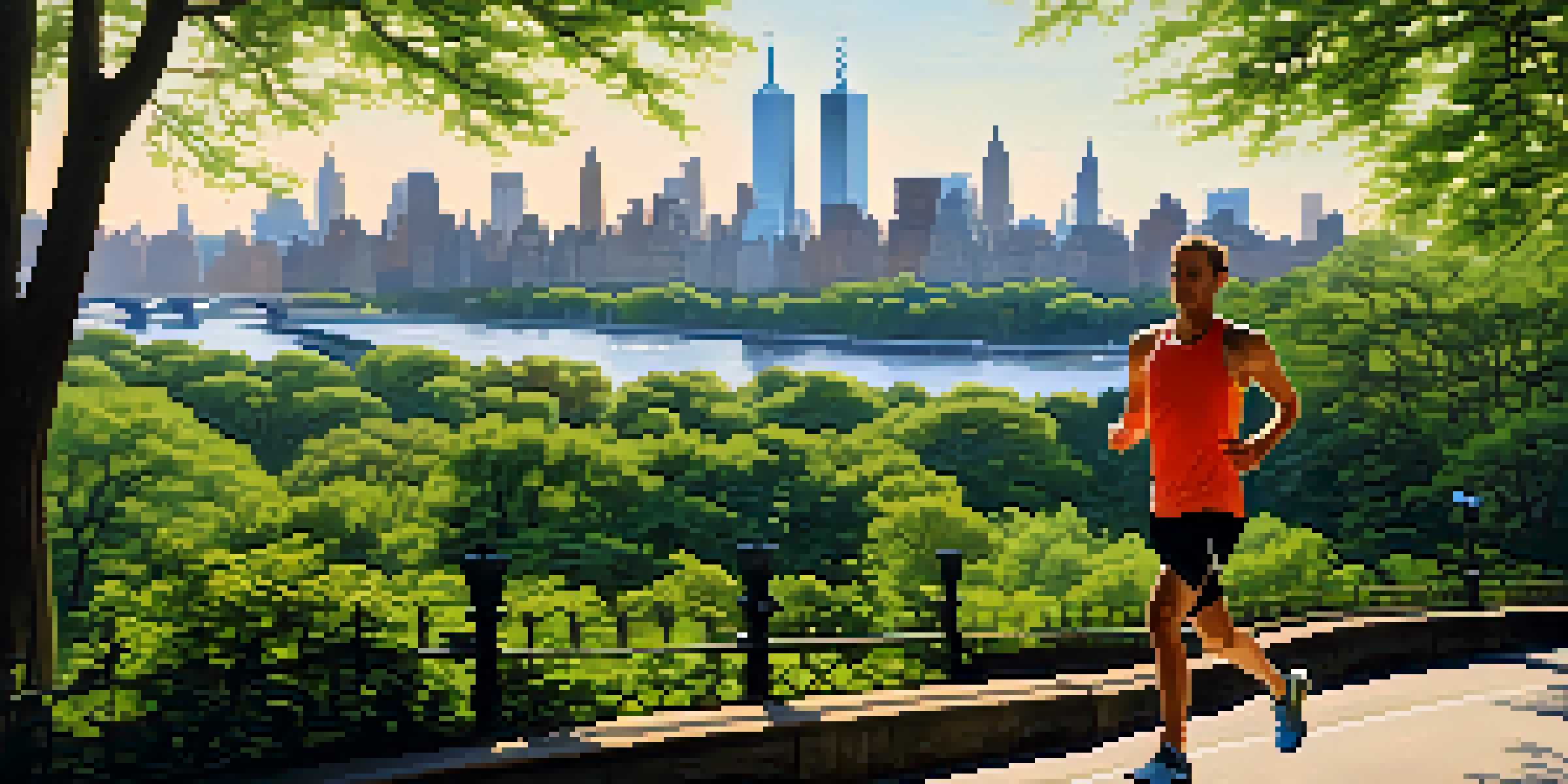 A runner in Central Park with green trees and city landmarks in the background under soft morning sunlight.