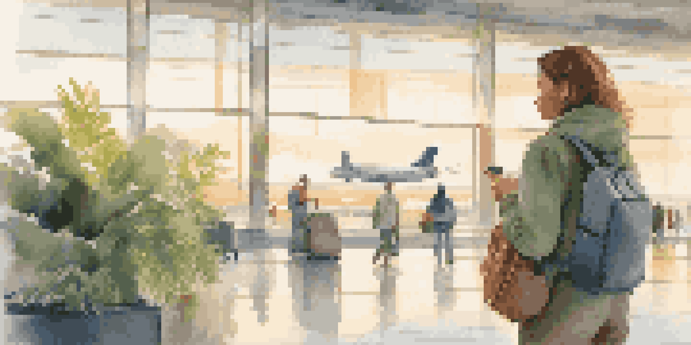 A traveler in lightweight clothing stands at an airport terminal with a backpack, checking their phone, surrounded by plants and illuminated by morning light.
