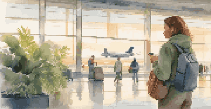 A traveler in lightweight clothing stands at an airport terminal with a backpack, checking their phone, surrounded by plants and illuminated by morning light.