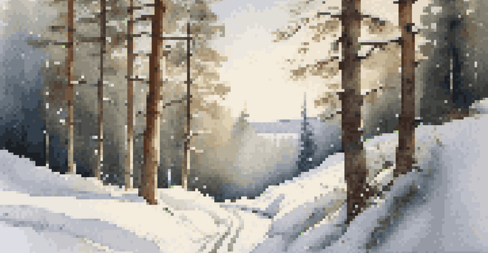A winter landscape with a snow-covered road surrounded by pine trees and sunlight filtering through the branches.