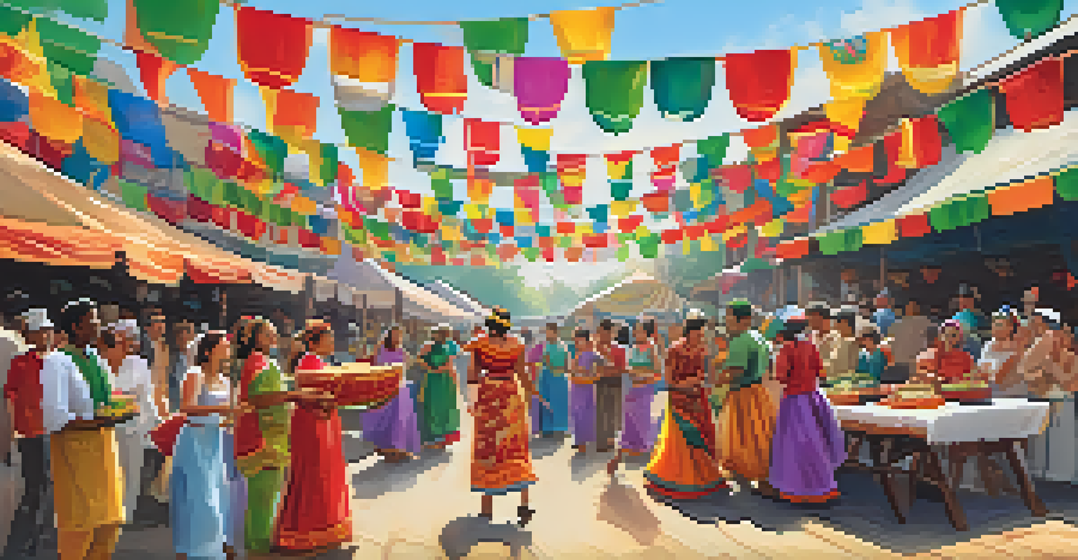 A colorful multicultural festival with people enjoying music, dance, and food from various cultures.