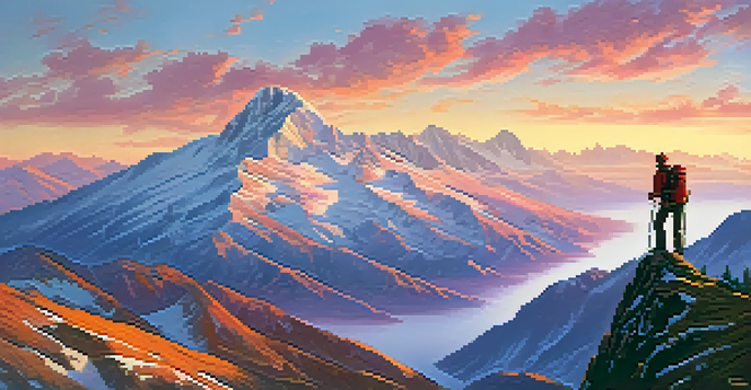 A climber stands on a mountain peak at sunrise, overlooking a vast landscape with colorful skies.