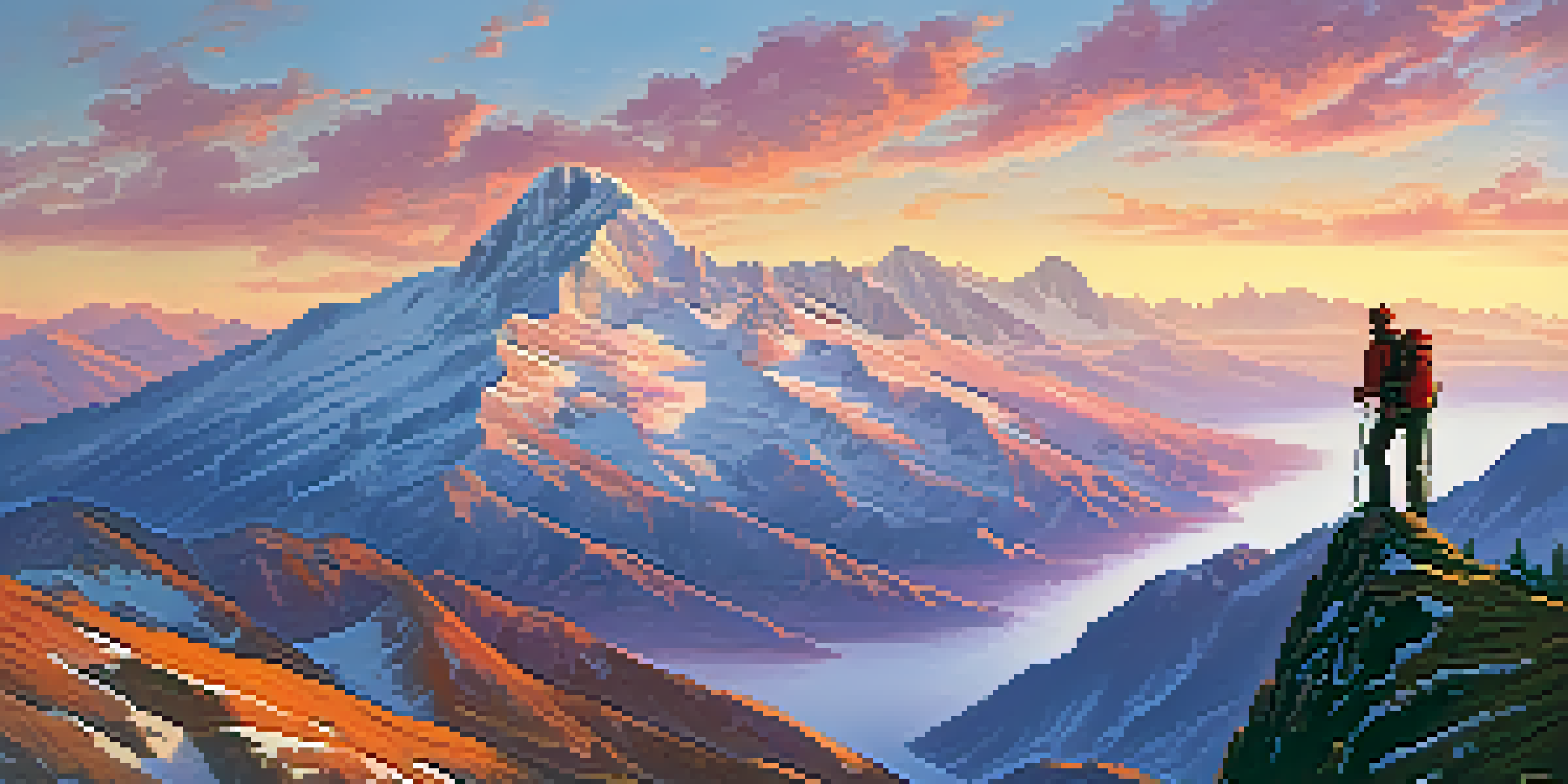 A climber stands on a mountain peak at sunrise, overlooking a vast landscape with colorful skies.