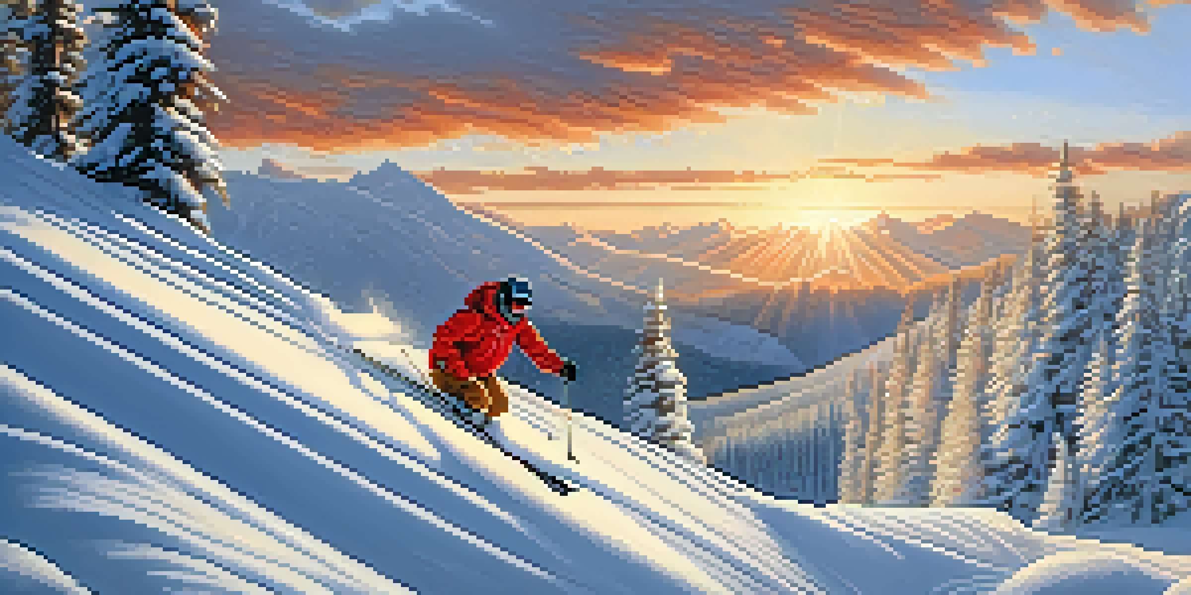 A skier navigating through fresh powder snow on a mountain slope during sunset, surrounded by snow-covered peaks.