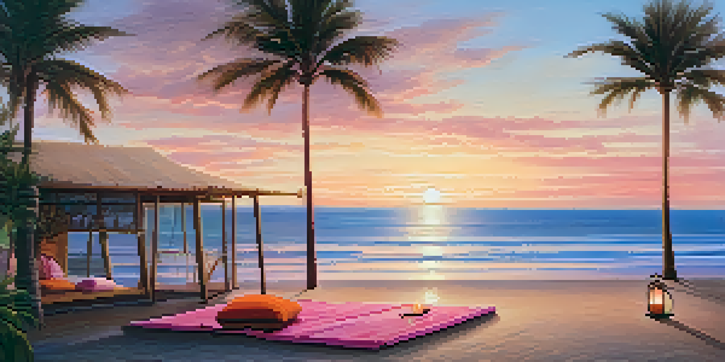 A peaceful beach retreat with yoga mats on the sand at sunset, surrounded by palm trees and calm ocean waves.