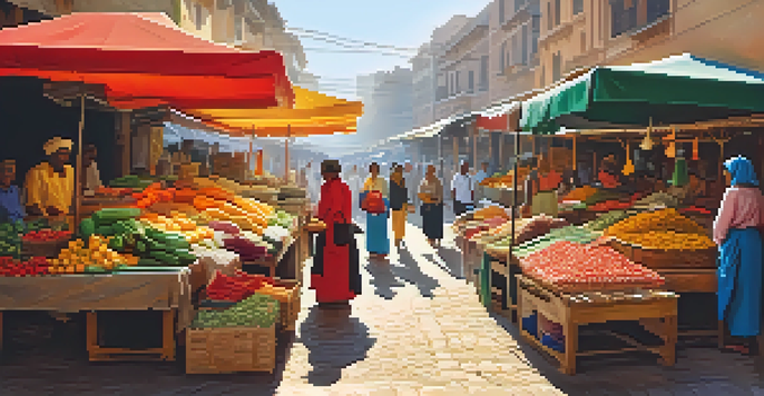 A lively street market with colorful stalls, local vendors interacting with diverse travelers, all under warm sunlight.