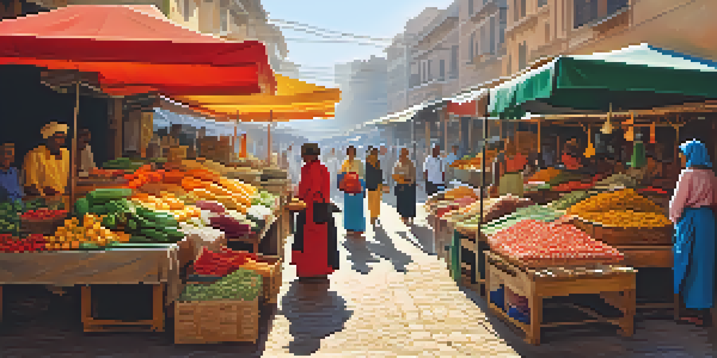 A lively street market with colorful stalls, local vendors interacting with diverse travelers, all under warm sunlight.