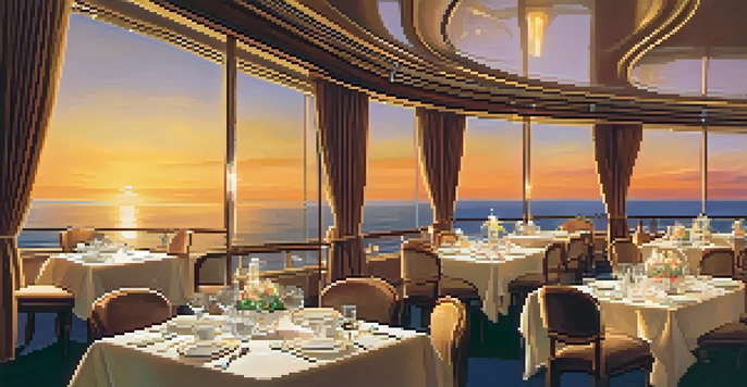 A luxurious dining experience on a cruise ship with elegantly set tables and passengers enjoying gourmet dishes against an ocean sunset.