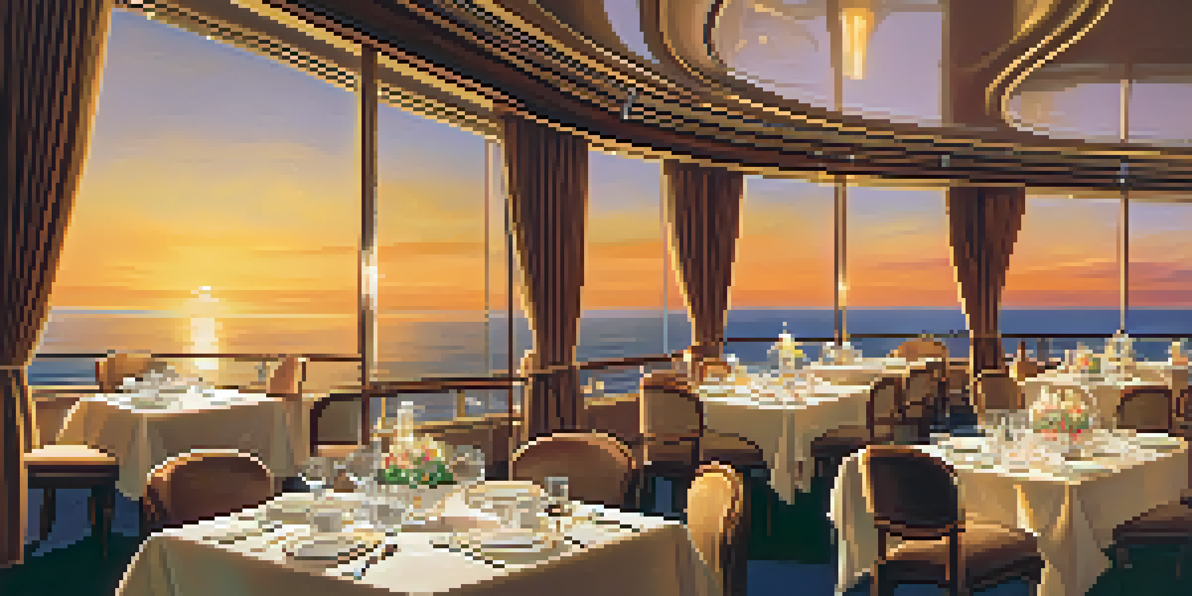 A luxurious dining experience on a cruise ship with elegantly set tables and passengers enjoying gourmet dishes against an ocean sunset.